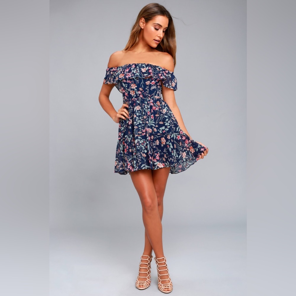 Lulus | Navy Blue Floral Print Off-the-Shoulder Dress | XS | NWOT